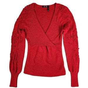 Moi Moi Red Deep V-NECK  Cherry Ribbed Cotton  Sweater
